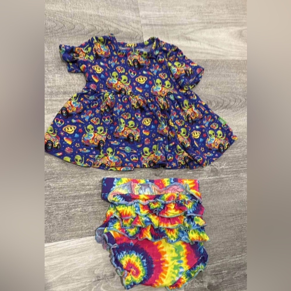 Posh Peanut Lisa Frank Alien Print Dress and Tie-Dye Diaper Cover
